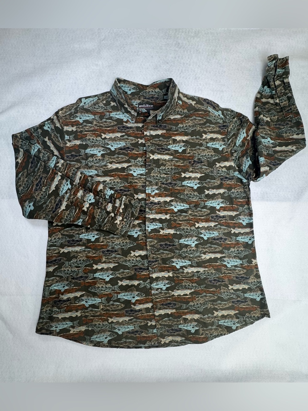 Vintage Woolrich Flannel Shirt Mens XL Fish Print Button Up Outdoor Fishing
